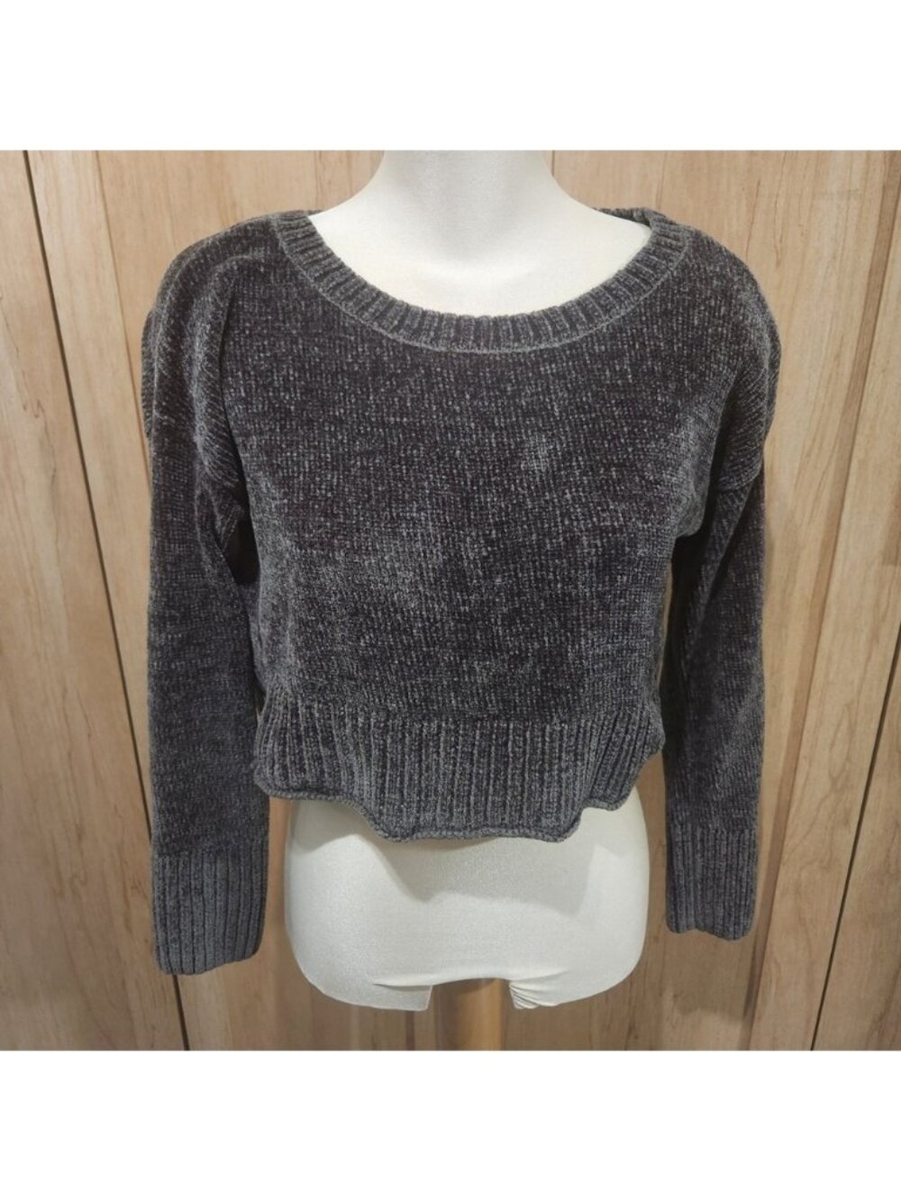 Chenille look velvet Cropped Sweater Dark Green Long Sleeve Cozy M faerie